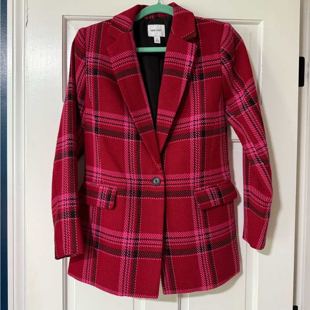 Nine West Women's Red and Pink Plaid Blazer